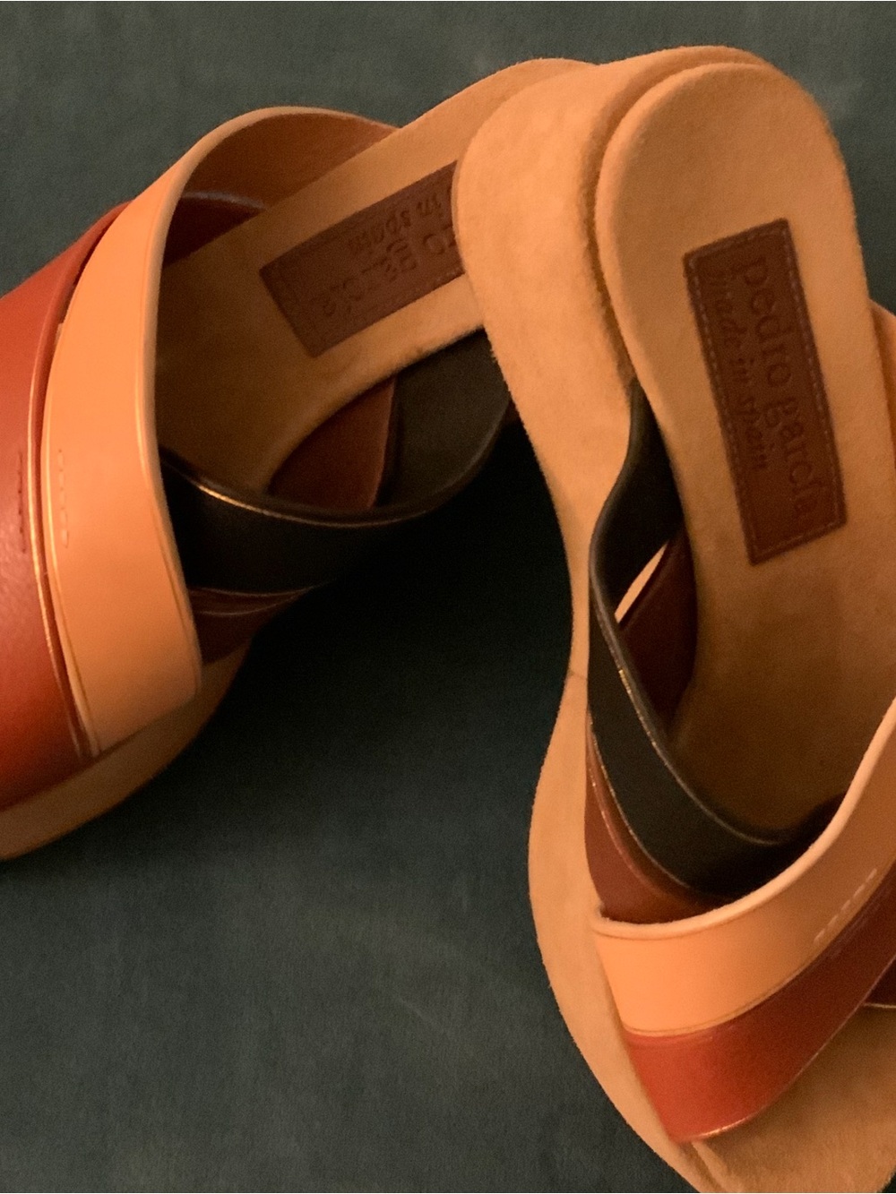 Pedro Garcia Tri-Panel Slide Mules in Brown, Tan & Black